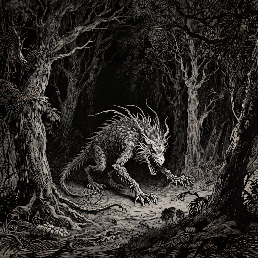 Manticore in Dark Haunted Forest in Gustave Doré Style