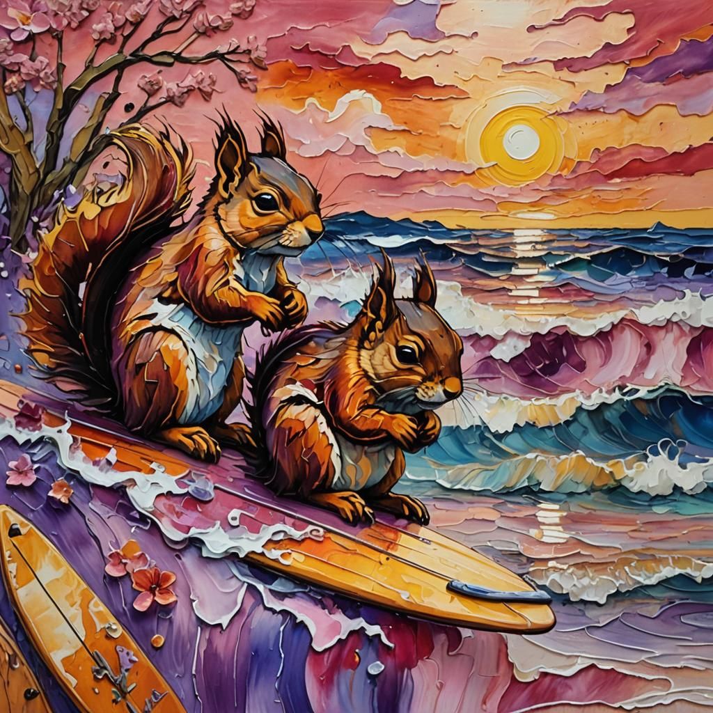Squirrels Surfboard Art in Van Gogh Impasto Style
