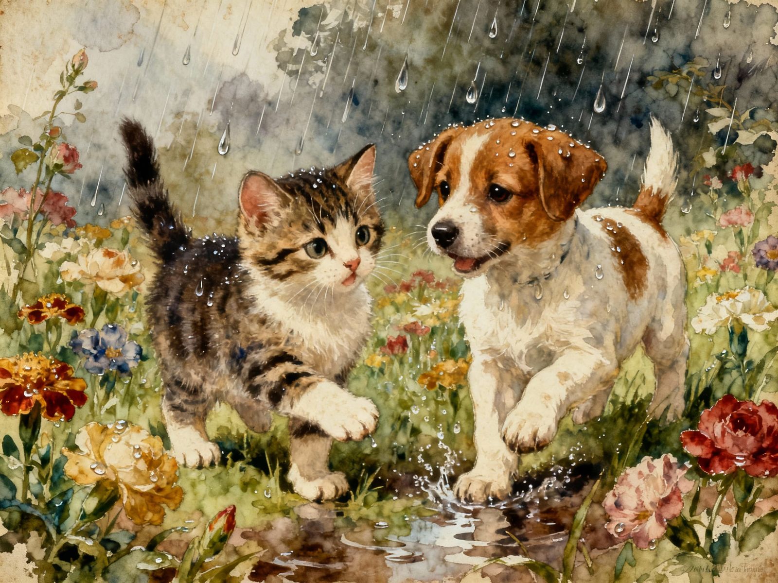 Kitten and Puppy Play in Rainy Flower Field