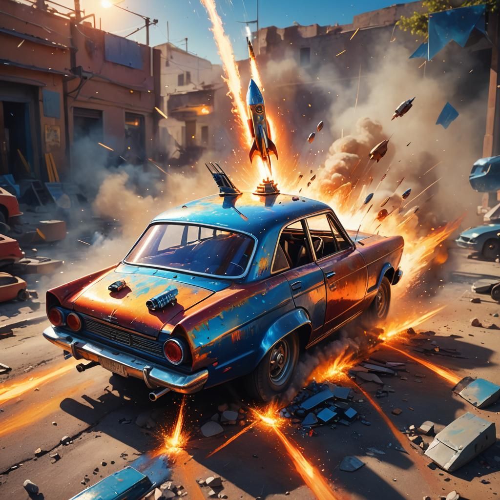 Magnet Rocket Car Soaring to the Sun: Surreal Oil Painting