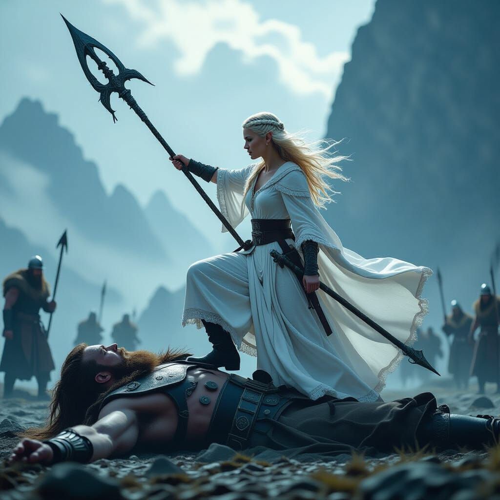 Victorious Elf Warrior Over Giant in Cinematic Style