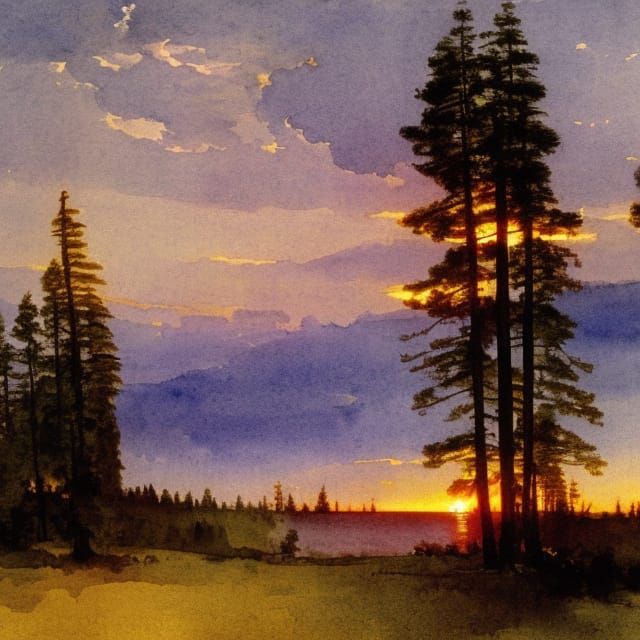 Pine Forest Sunset: Evocative Watercolor Painting