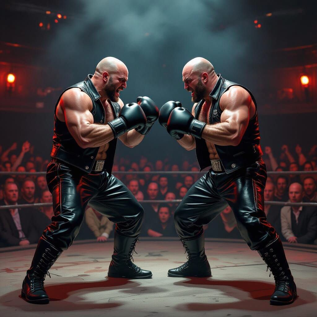 Muscular Men Boxing in Smoky Arena