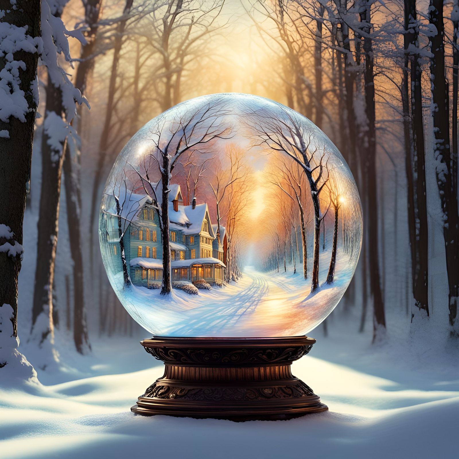Sparkling Orb in Snowy Forest: Art Nouveau