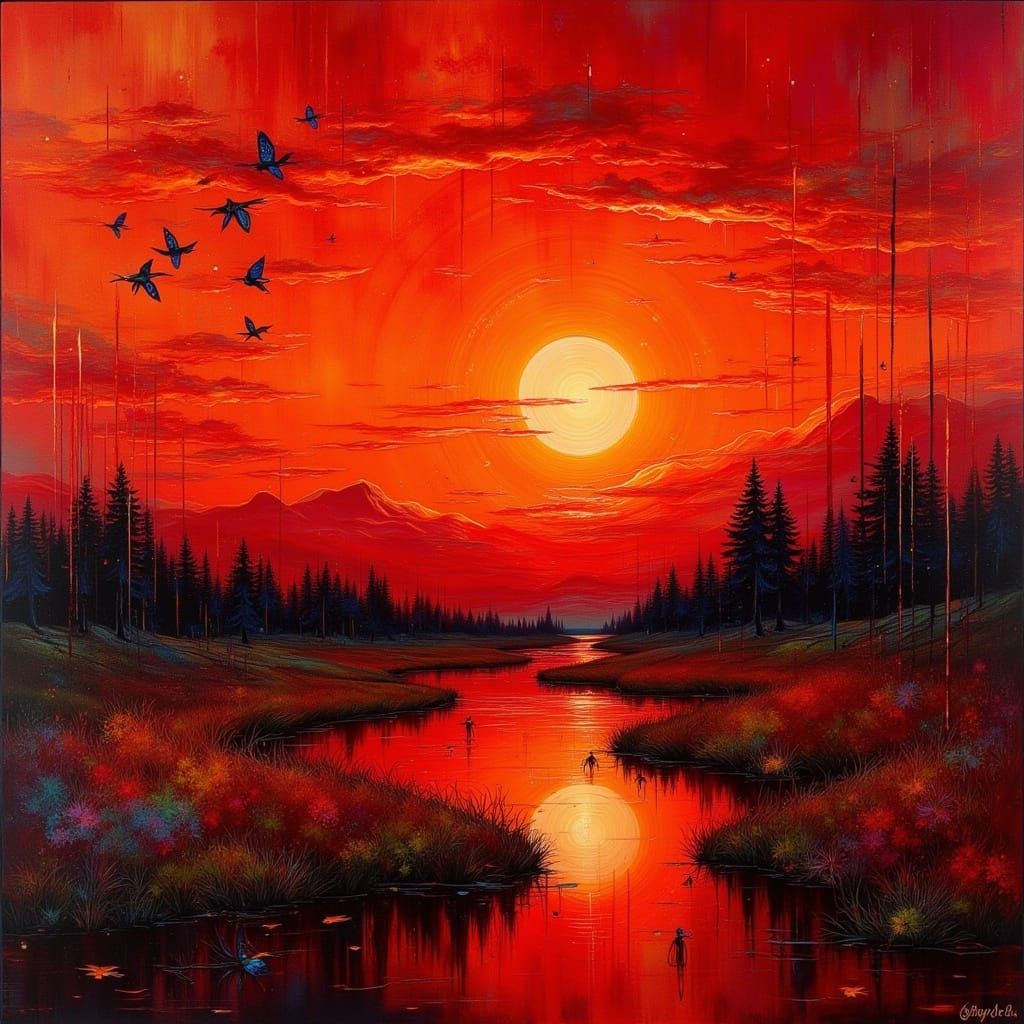 Vibrant Brick-Red Fae in Dark, Glitchy Fantasy Scene