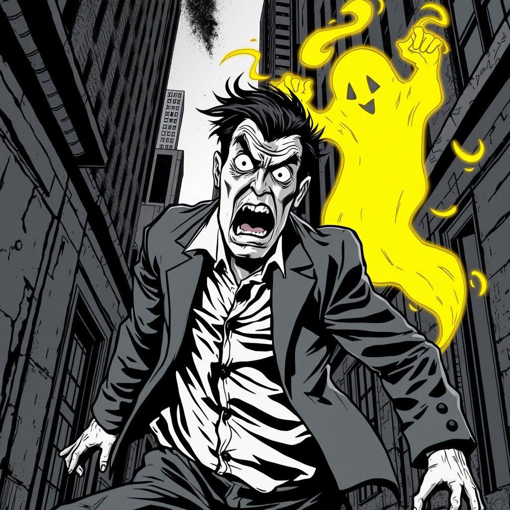 Frightened Man Recoils From Ethereal Ghost in Comic Style