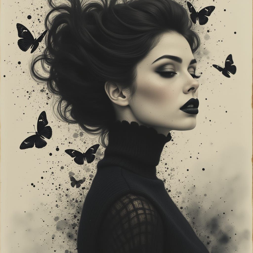 Gothic Portrait of Woman with Tree Root Neck and Moths