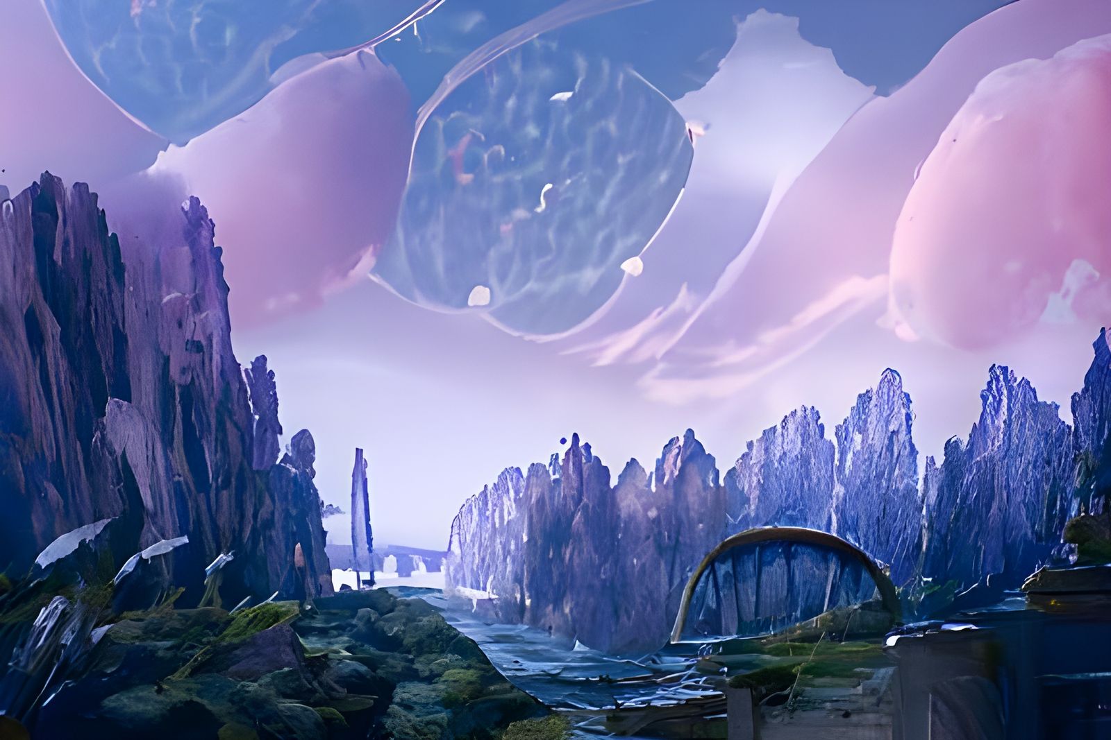 Strange planet with a strange sky and a stone bridge