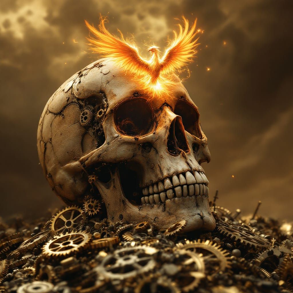 Steampunk Skull With Phoenix Rising in Sepia Sky