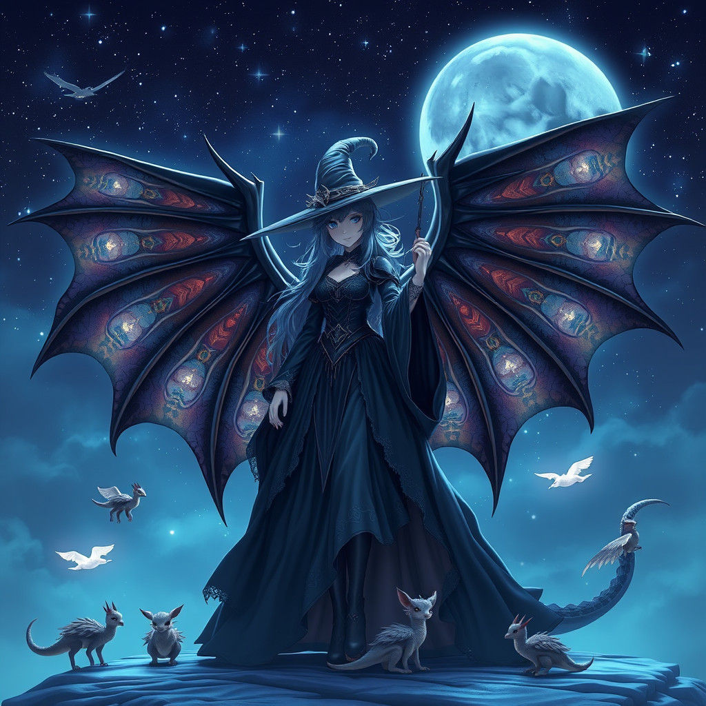 Anime Witch with Dragon Wings in Starry Night