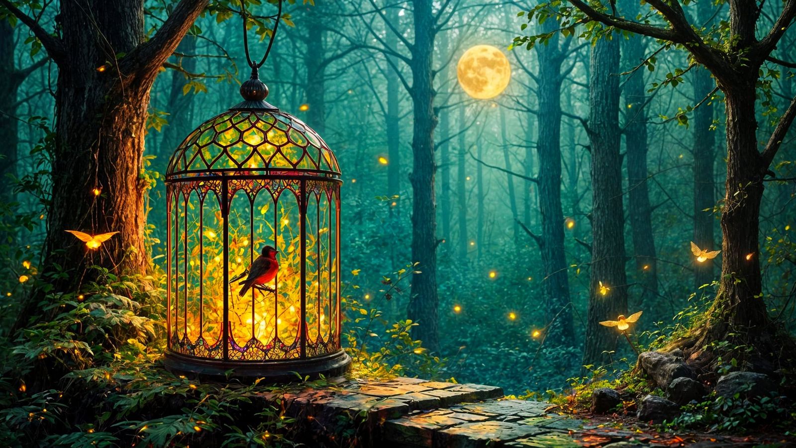 Moonlit Celtic Bird Cage in Fantasy Forest