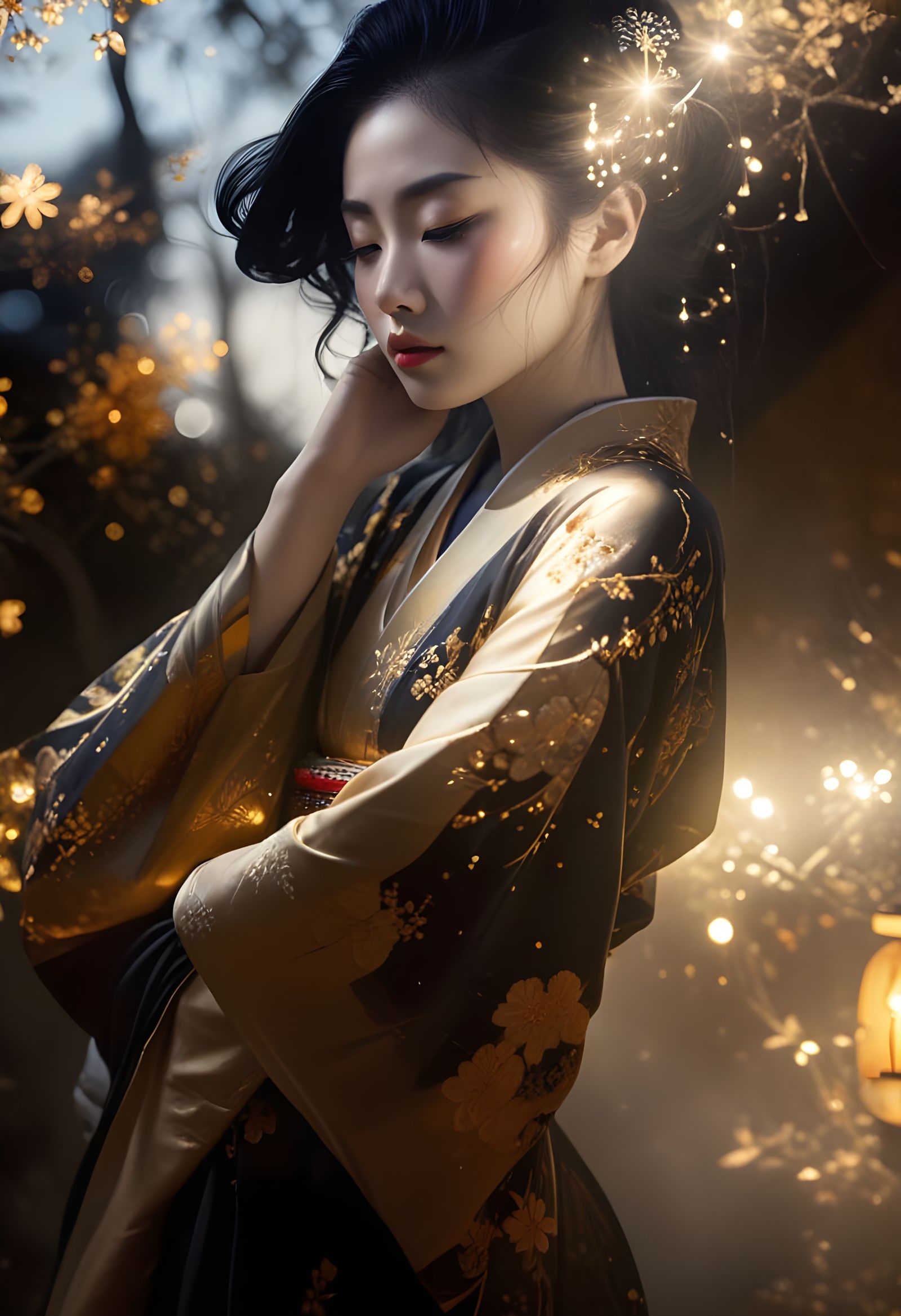 Graceful Geisha in Golden Lit Garden, Oil Painting Style