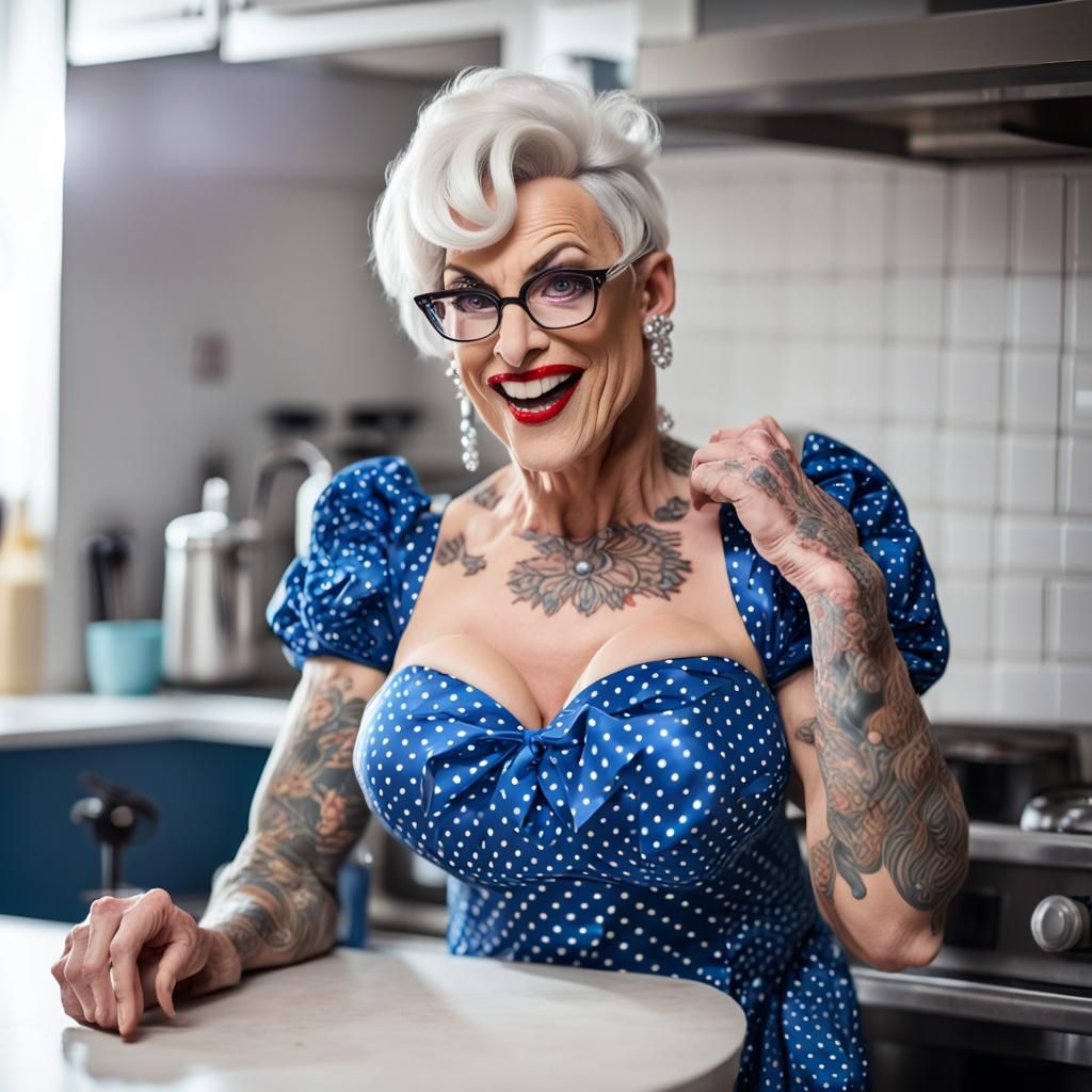 Crossdressing Bodybuilder in Polka Dot Dress, Professional P...