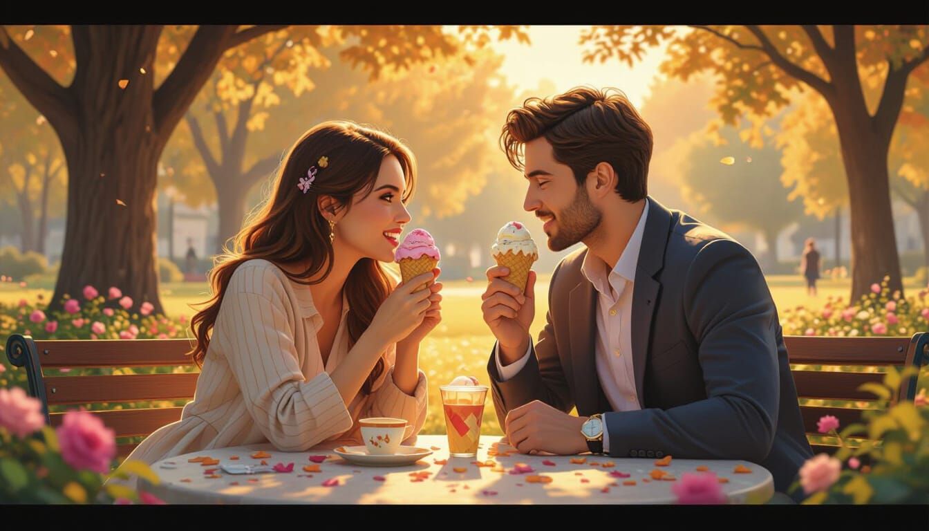 Couple Enjoying Ice Cream in a Sunlit Park
