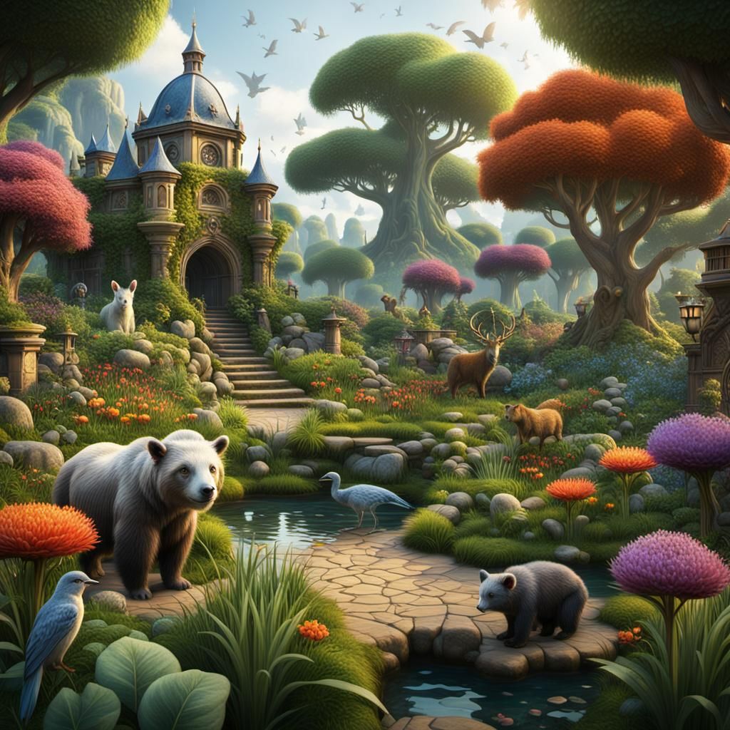Lush Garden with Animals in a Detailed Matte Painting