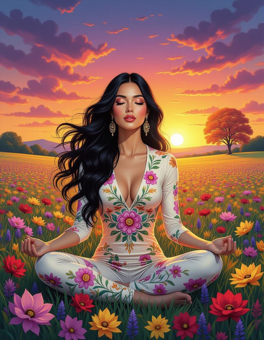 Ethereal Woman Meditating in Flowering Meadow Acrylic Painti...