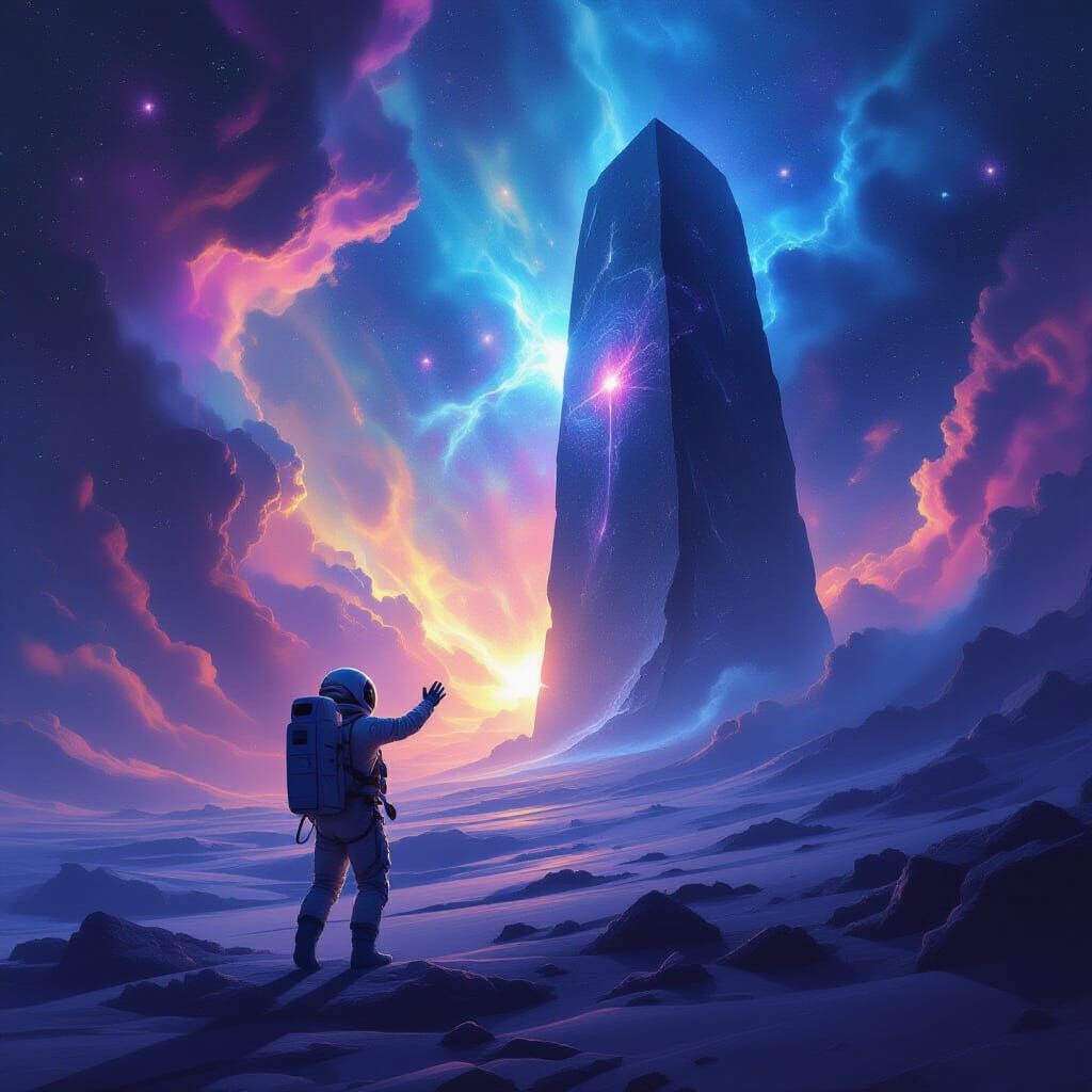 Astronaut Reaches Cosmic Monolith in Swirling Nebula