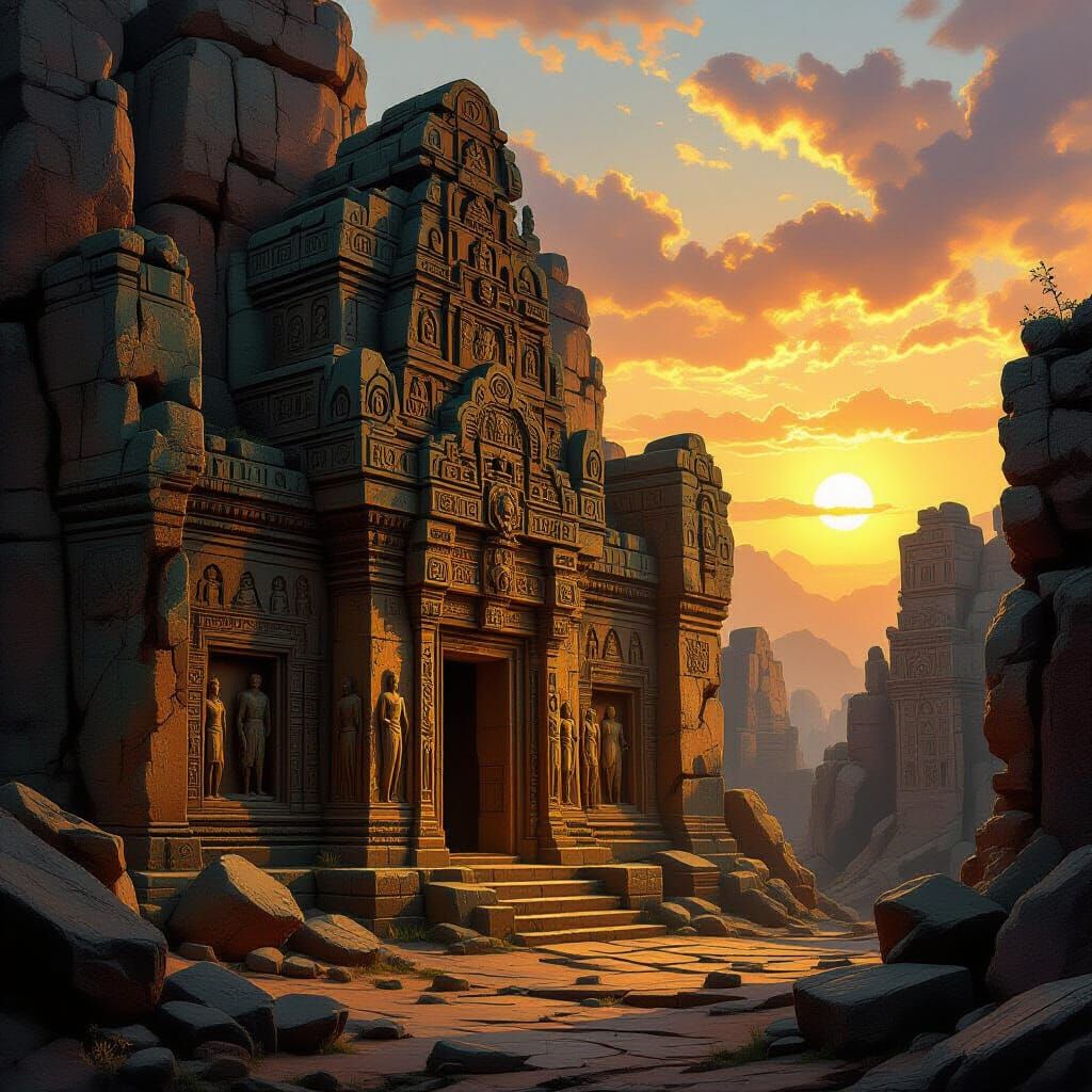 Mystical Temple Carved in Rusty Rock with Mythical Creatures