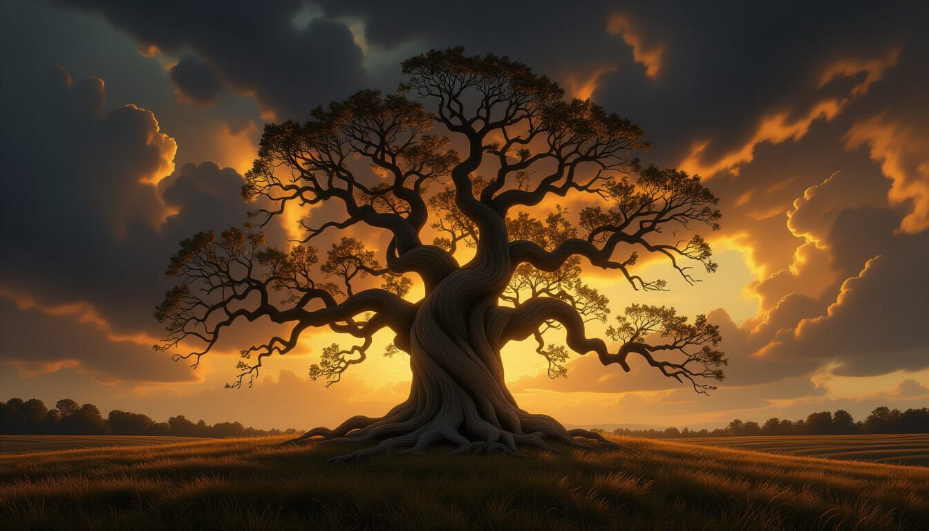 Ancient Golden Tree Under Storm Clouds, Cinematic Lighting
