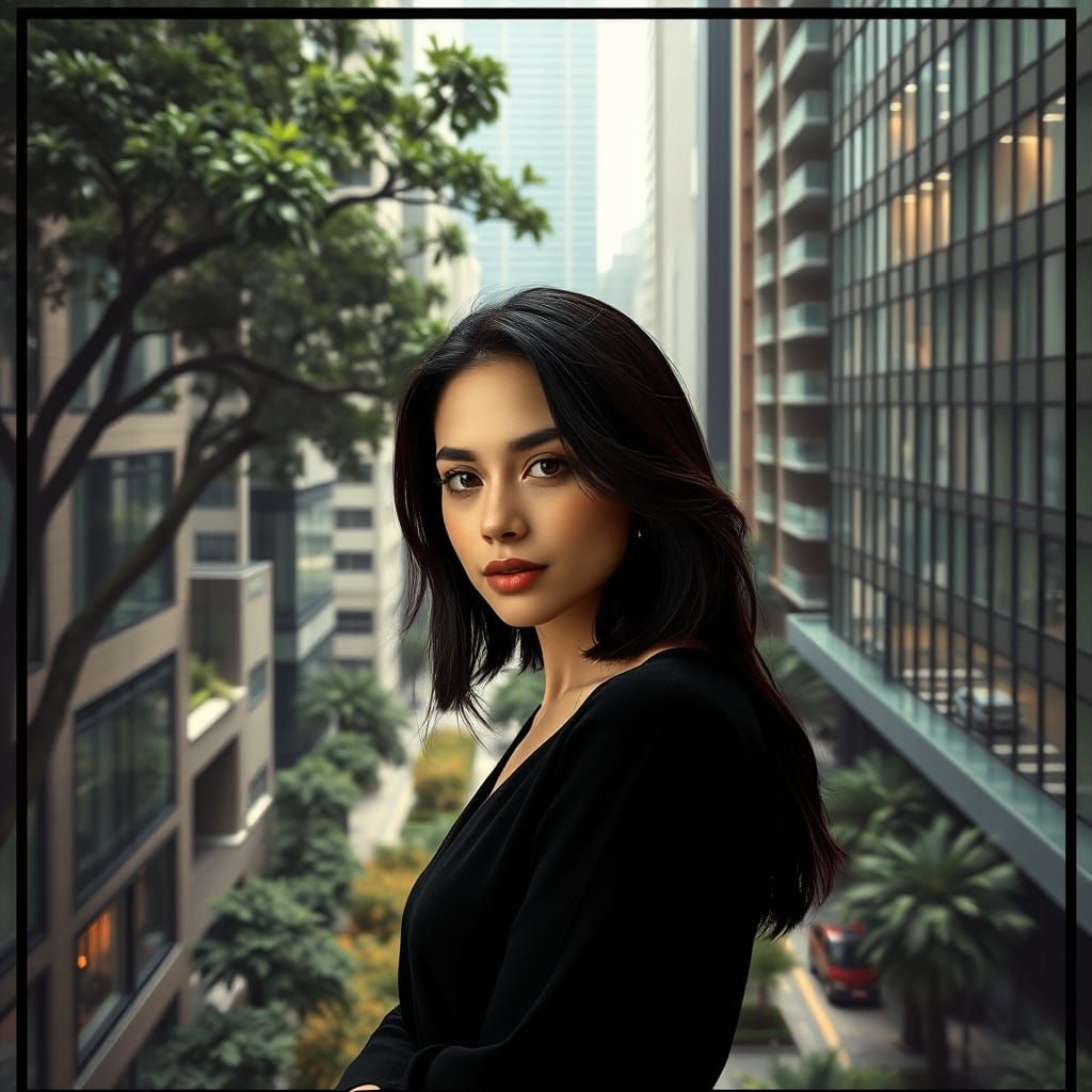 Woman in Cityscape with Black Outline, Photorealistic Style