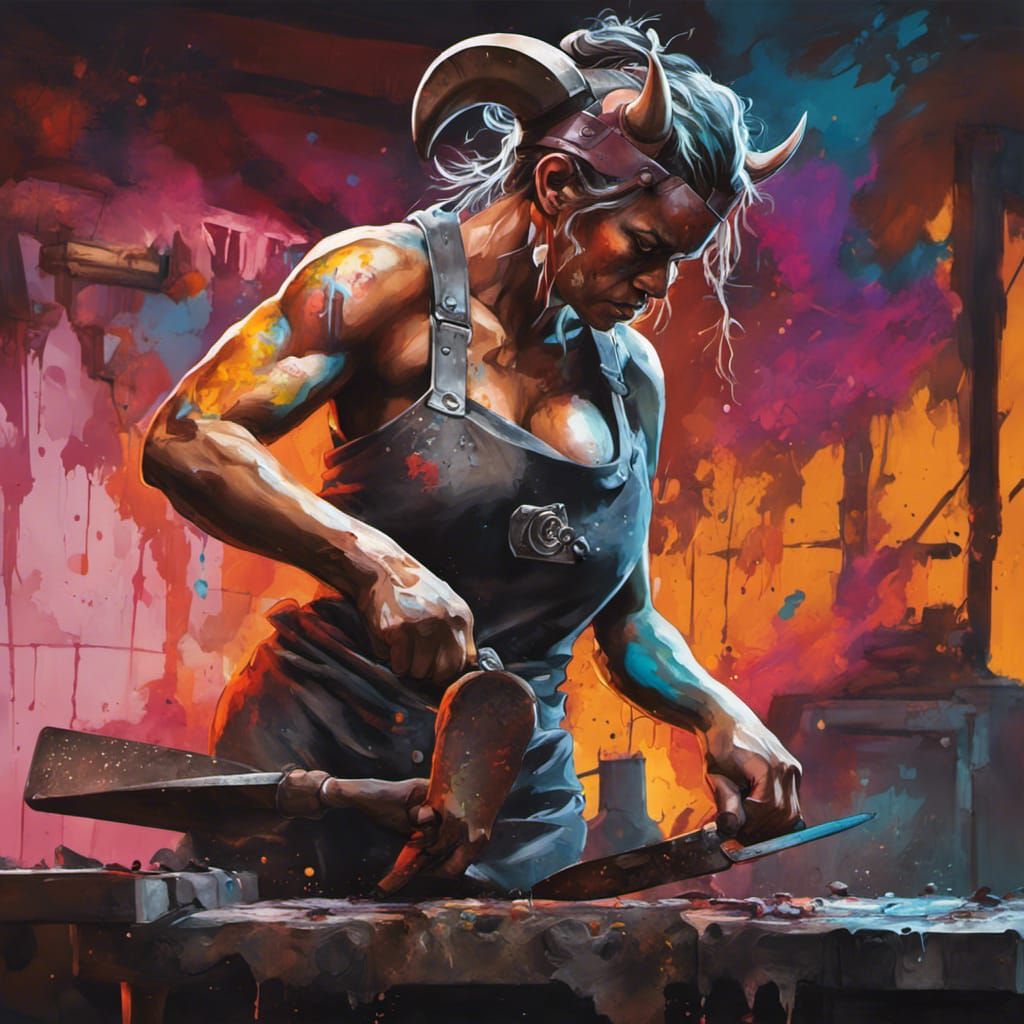 Female Minotaur Blacksmith in Graffiti Art Style