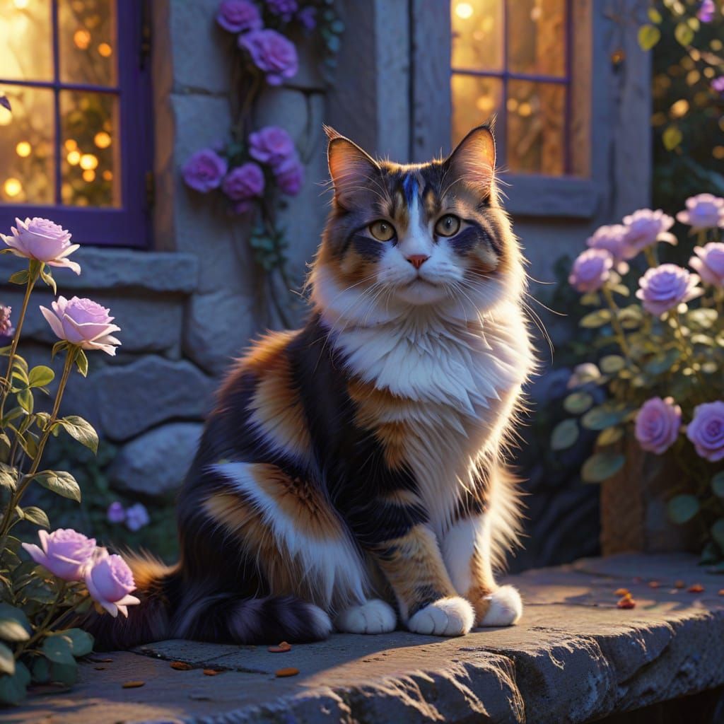 Fluffy Calico Cat in Cottage Garden at Twilight