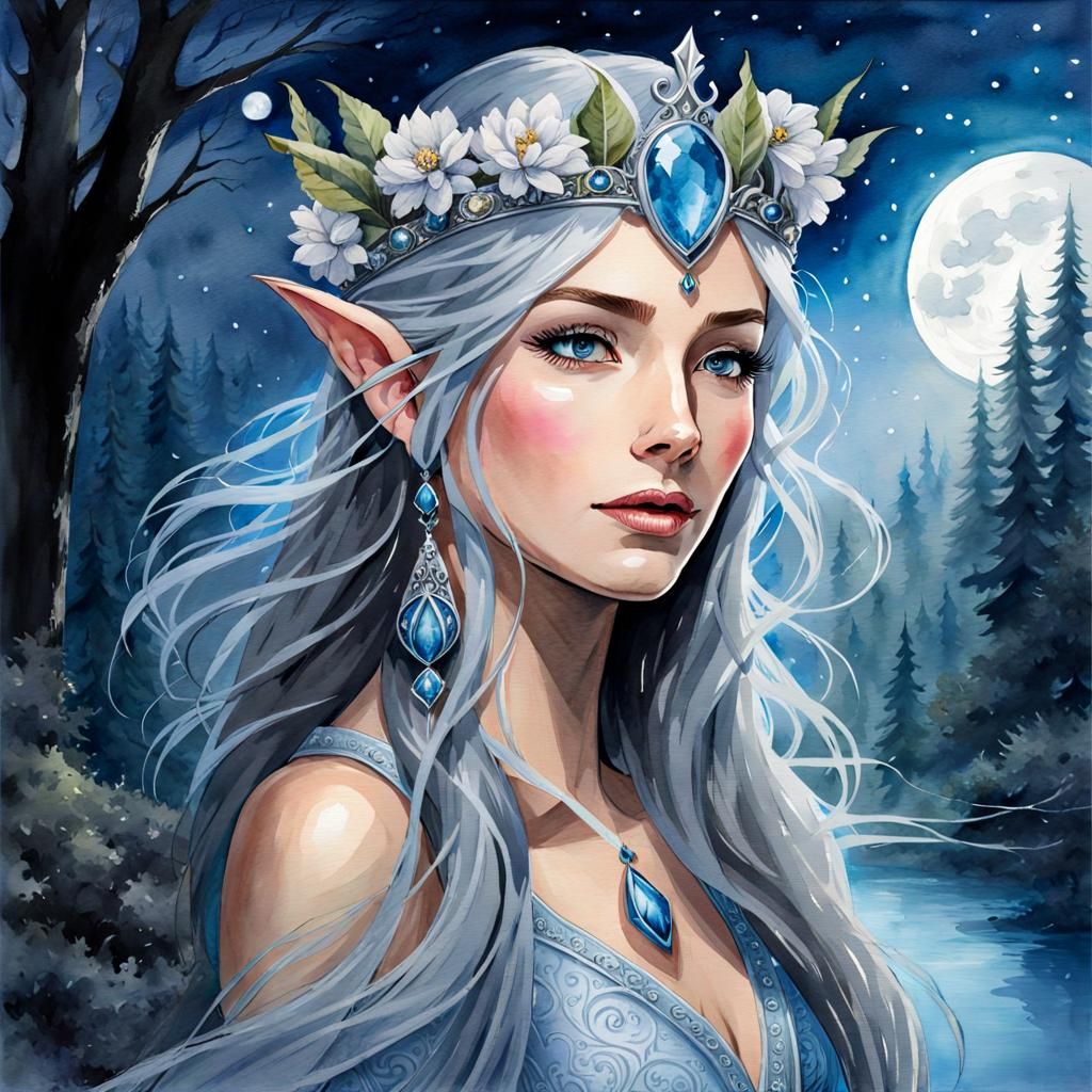Elven Princess Watercolor Portrait Under Moonlit Sky
