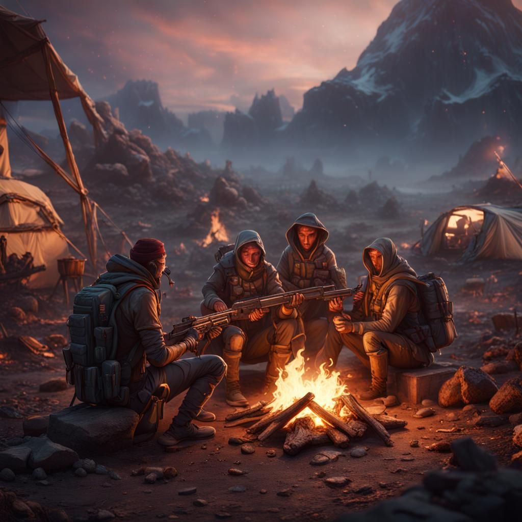 Futuristic Nomadic Community by Campfire, Matte Painting