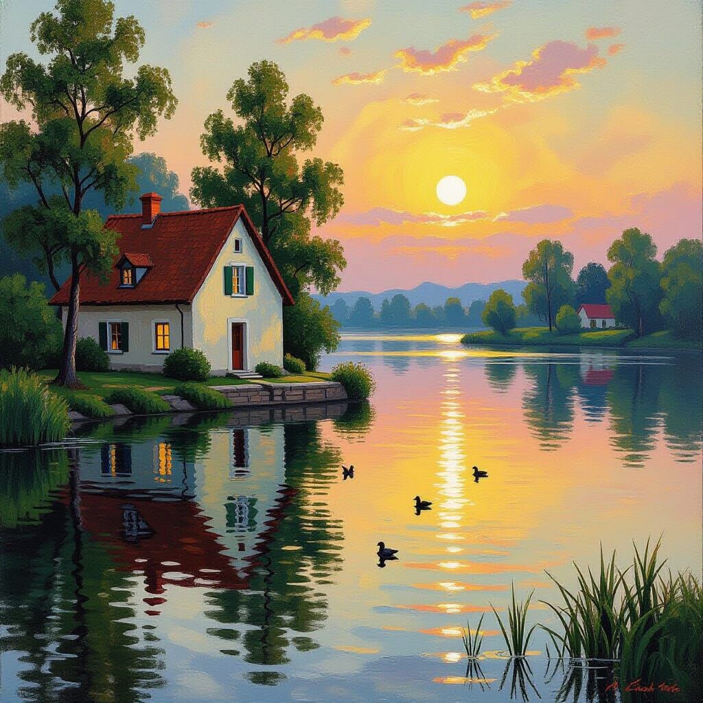 Cozy Country House on Lake at Golden Hour