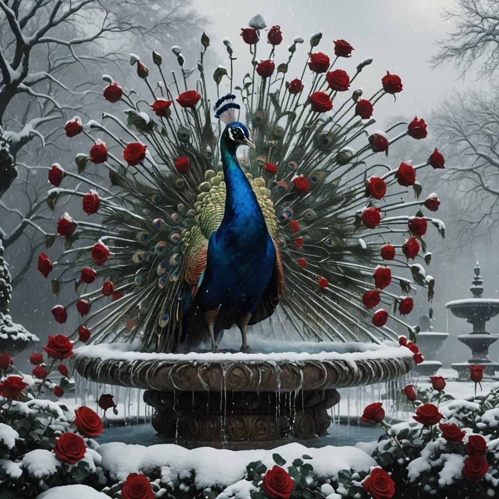 Winter Peacock with Roses and Fountain