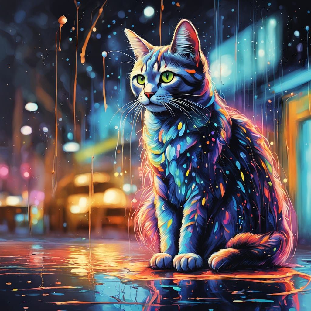 Whimsical Cat in Neon Street Art Style