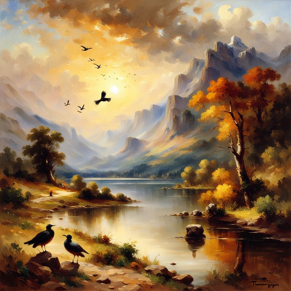 Luminist Lake Landscape with Birds and Wanderer