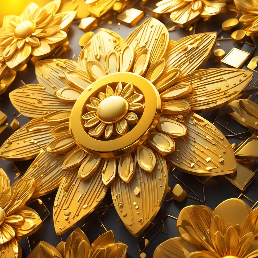 Abstract Cubist Flowers in Gold, 3D Digital Art