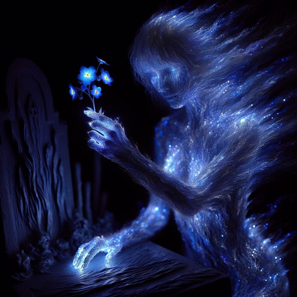 Ethereal Ghost Picking Forget-Me-Not in Impasto Style