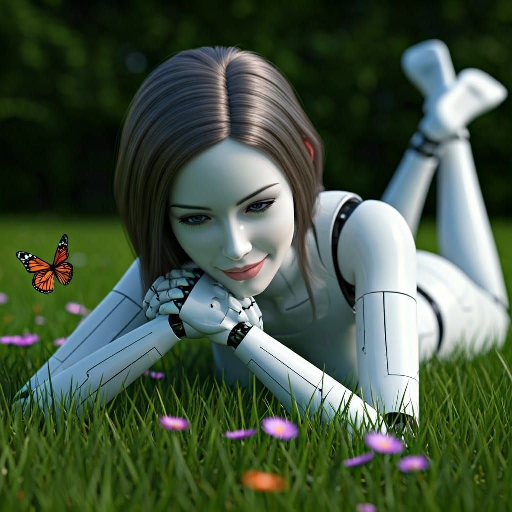 Hyperrealistic Robot Portrait Watching Butterfly