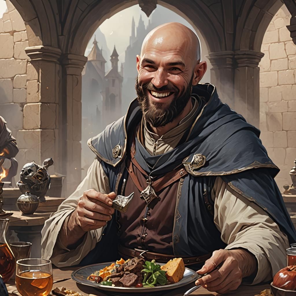 Bearded Mage Enjoying Meal in D&D Style