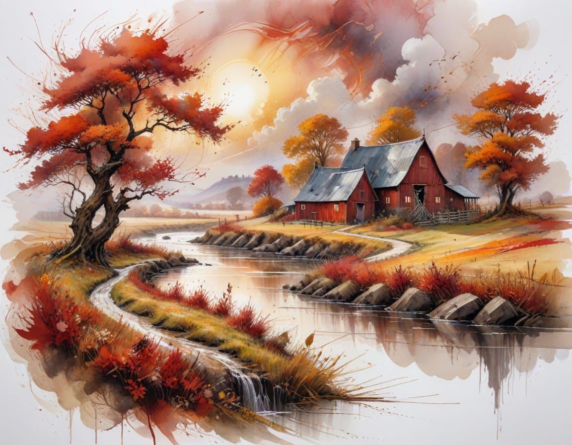 Hyper-Realistic Autumn Landscape with River and Cottages