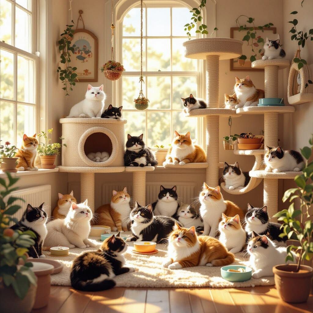 Twenty Cats Relaxing in a Sunny Room with Cat Toys