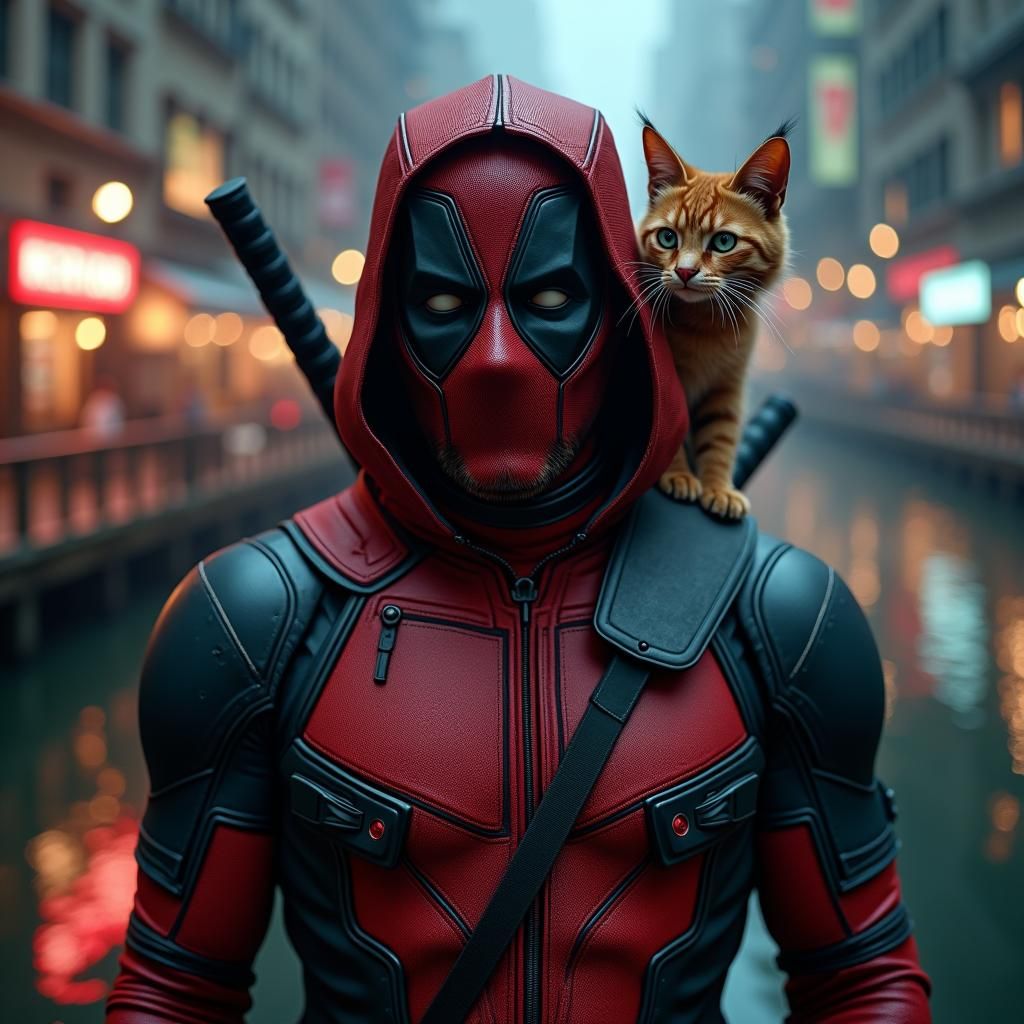 Deadpool and Deadpoolcat in a Gritty Cityscape