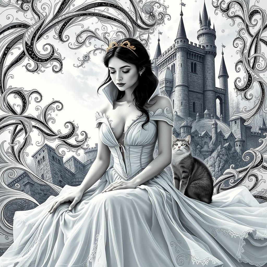 Ethereal Snowwhite in Tattered Tulle Gown, Beside Majestic M...