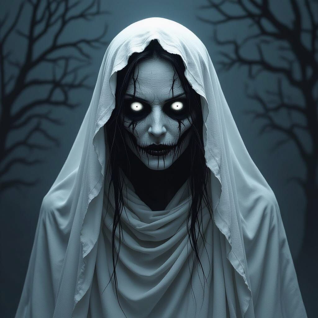 Terrifying Female Ghoul in White Shroud