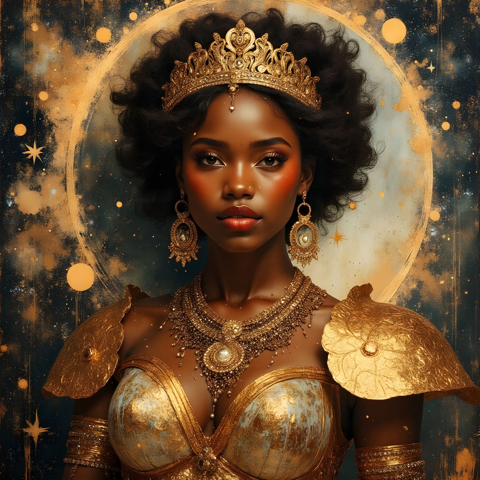 Black Goddess Queen in Golden Armor, Crystal Crown