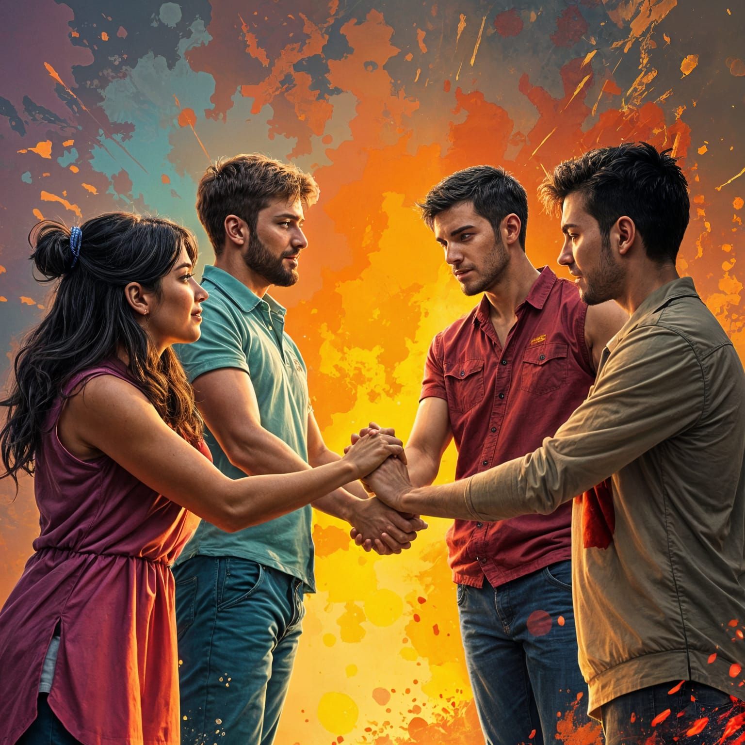 Friends Supporting Each Other: Hyperrealistic Splash Art