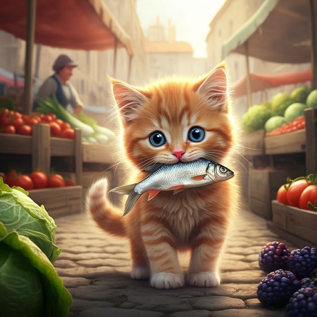 Whimsical Kitten in Market Scene