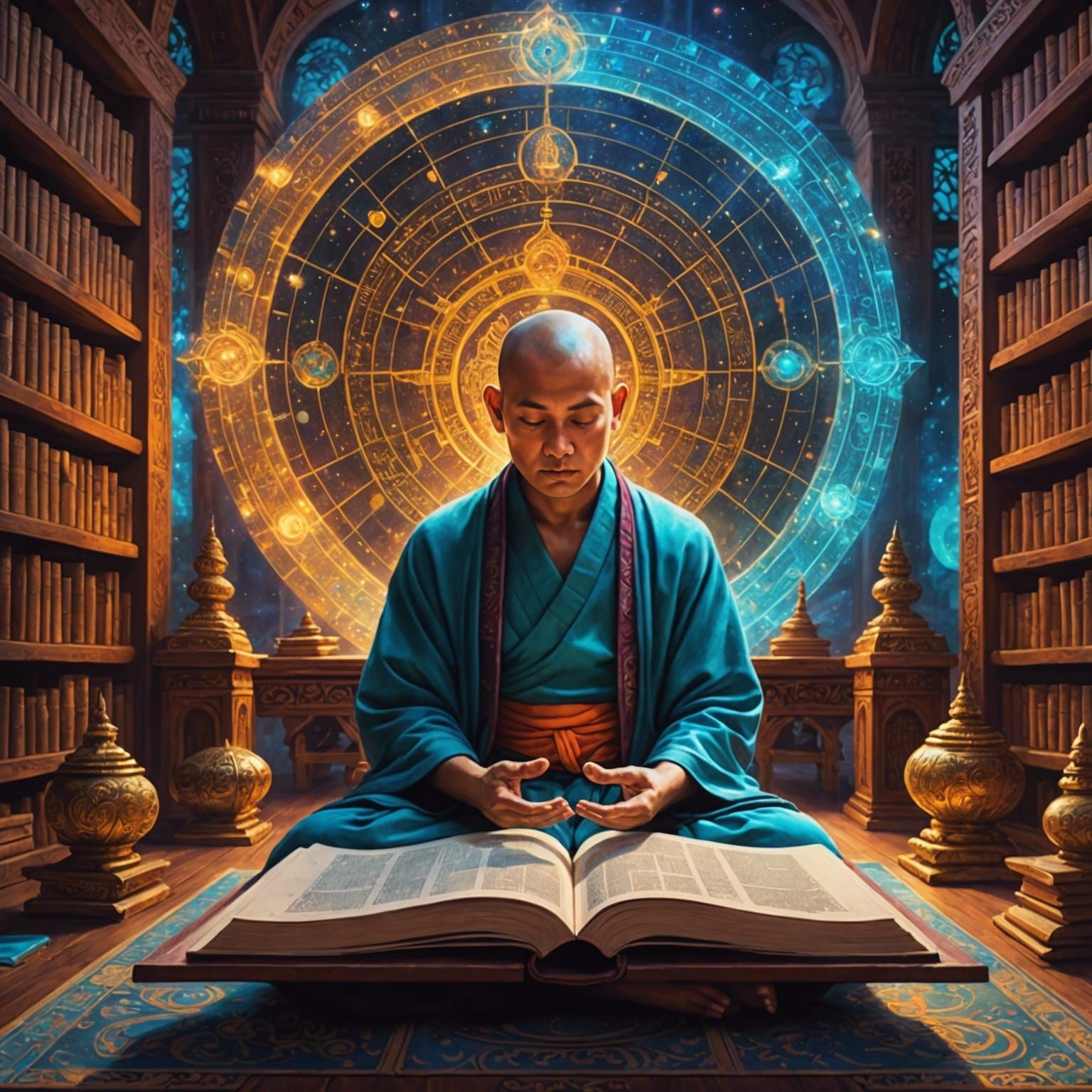Holographic Cosmic Monk Meditating in Library