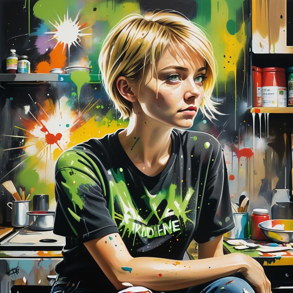 Woman Painting in Expressive Street Art Style