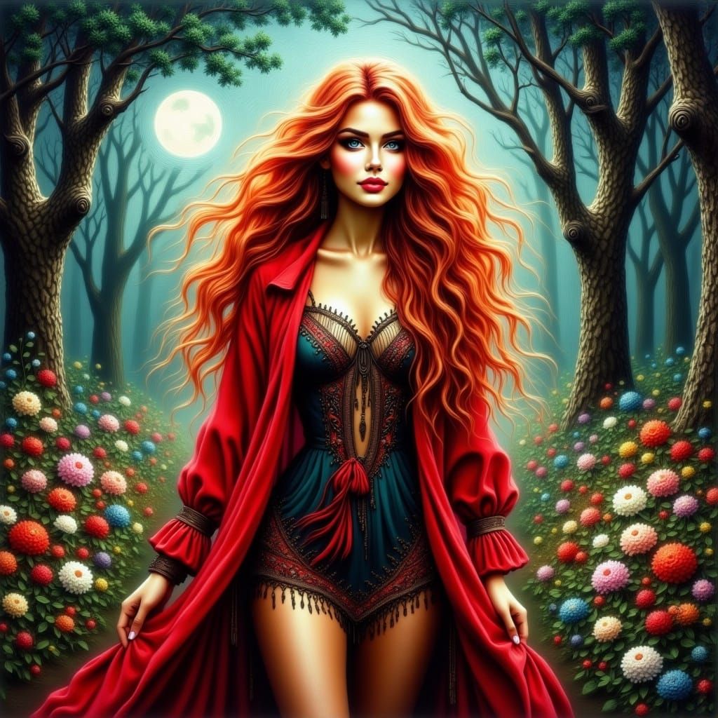 Red-Haired Woman in Forest, Kinkade Style