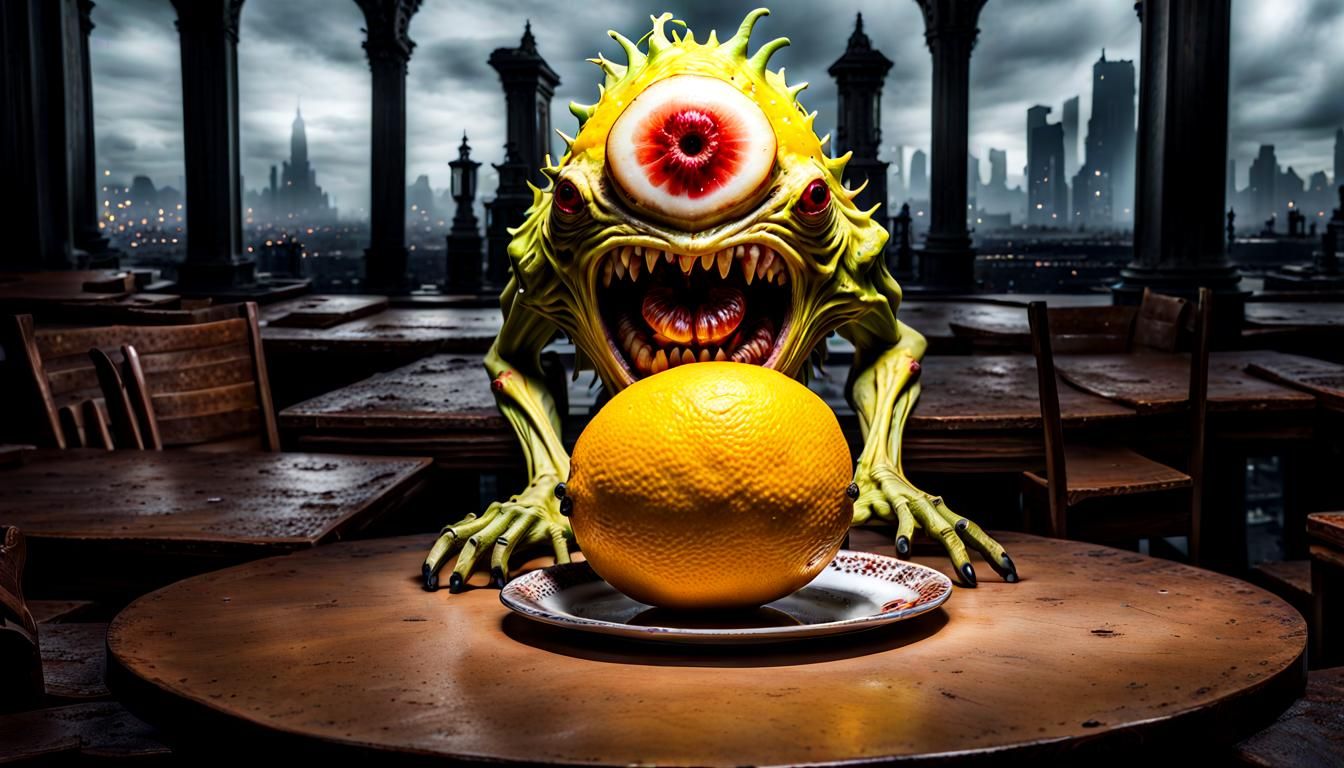 Horrifying Mutant Lemon Fruit Monster in Hyperrealism