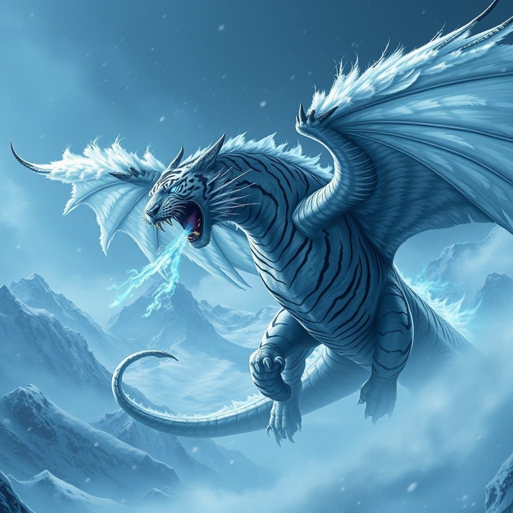 Colossal Striped Dragon Soaring Through Snowstorm