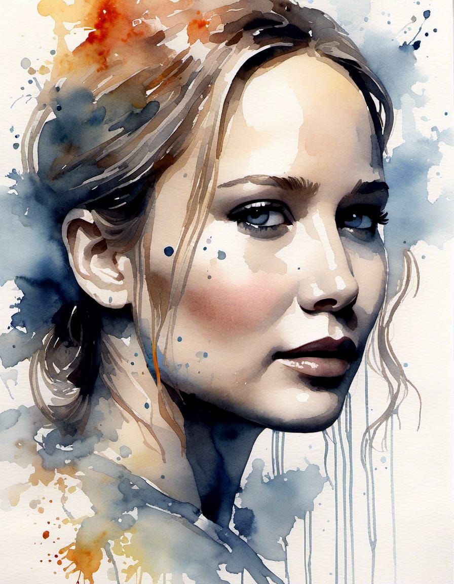 Jennifer Lawrence Profile in Watercolor Painting Style